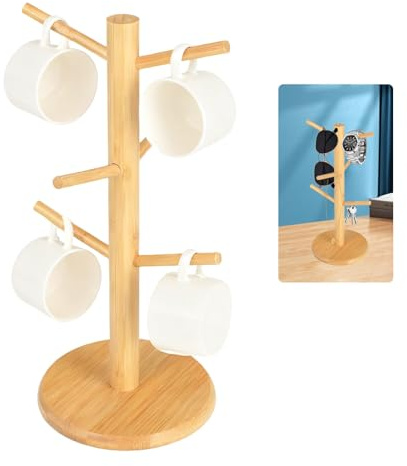 WEELOO Wooden Coffee Cup Holder 6 Hooks, Mug Tree Rack with Thicker Base | Coffee Tea Cup Storage Hanger Holder, Cup Holder for Counter, Kitchen, Space-Saving (Brown)