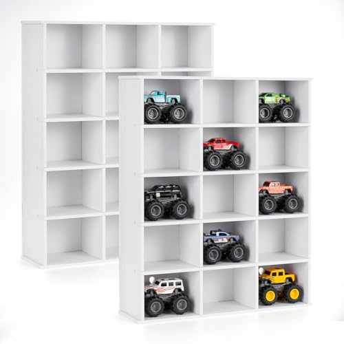 Krafetto 2 Pack 15-Slot Monster Truck Display Shelves, Wall Mount | Organized Storage Keeps Toy Trucks Visible and Easy to Reach