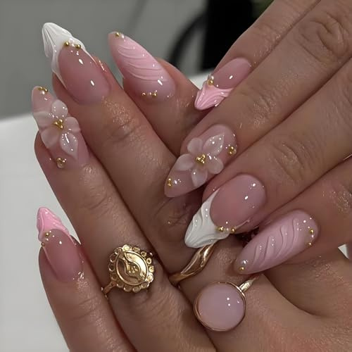 ZenithBurst 24 Stück Rosa Blüten Maniküre Medium French Tip Fake Nails mit erhabenen Blüten & Goldperlen, handgemachte Press on Nails Kit,