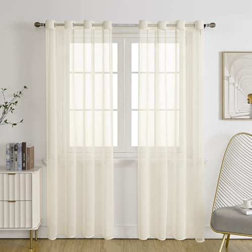 Beige Voile Curtains for Living Room – Premium Anti-Wrinkle Eyelet Net Curtains, Semi-Sheer Privacy Panels for Bedroom, Bay Window & Patio Doors, Light Filtering Textured Drapes (2 Panels)-52x84inch