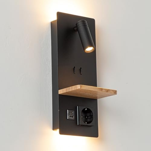 Alpinaluz Applique murale noire avec éclairage orienté de 3 W et éclairage ambiant de 6 W 2 800 K - Port de charge USB A+C, prise Schuko et étagère en bois pour la chambre et le chevet