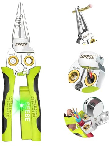 SEESE 8-in-1 Wire Stripper for Electrician: Needle Nose Pliers with Voltage Tester & Dual Alarms - Electrical Pliers for Cutting Wires, Pulling Wires and Crimp Wires
