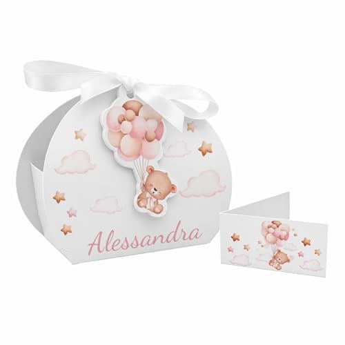 24 Bomboniere Battesimo Bambina con Tag Orsetto e Palloncini Scatoline Portaconfetti Nascita Bimba Personalizzate complete di Bigliettini Bomboniera Battesimo Bimba e Nastrini. PV Grafik(Tunna40tag)