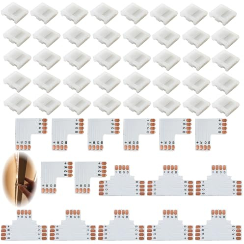 Lot de 56 Connecteur Ruban LED 4 Broches 10 mm, Connecteur Bande LED RGB, Clips Sans Soudure en L et T pour Extension et Angle, Accessoires Bande Lumineuse, Connecteur Led 4 Broches