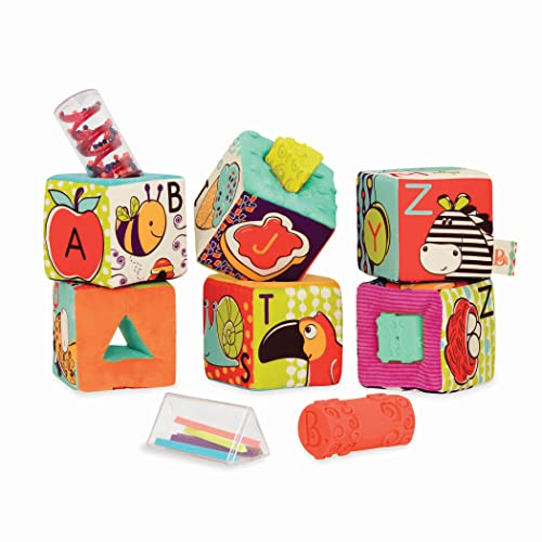 B. toys Montessori Baby Spielzeug ABC Stoff Blöcke Stoff mit Tieren, geometrischen Formen, Rassel – Stapelturm, weiche Bausteine, Bauklötze ab 6 Monaten, 11 Teile