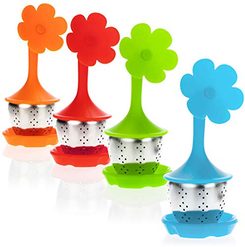 COM-FOUR® 4x Infuser à thé en acier inoxydable et silicone - passoire à thé avec couvercle et soucoupe - infusers à thé (04 pièces - fleur)