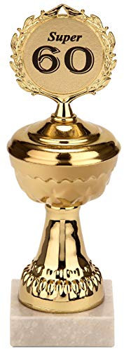 BRUBAKER Pokal mit Jahreszahl - goldene Trophäe mit Marmorsockel - Geschenkidee für runde Geburtstage Jubiläen - Motiv: Super 60