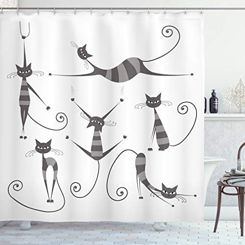 ABAKUHAUS Katze Duschvorhang, Lustige dünne gestreifte Katze, Stoffliches Gewebe Badezimmerdekorationsset mit Haken, 175 x 220 cm, Hell Grau
