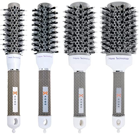 Kobe Professional Hairdresser's Ionic Dual-Bristle Brushes - Set of 4 - Heat-Retaining Ceramic Barrel & Boar & Nylon Bristles