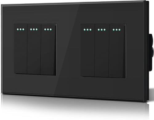 BSEED Interrupteur va et vient, Interrupteur à Bascule, Verre Interrupteur Encastrable Bascule,10A 250V Plaque De Cristal Trempé, 157 x 86 mm, 3 Gang 2 Voie, Noir