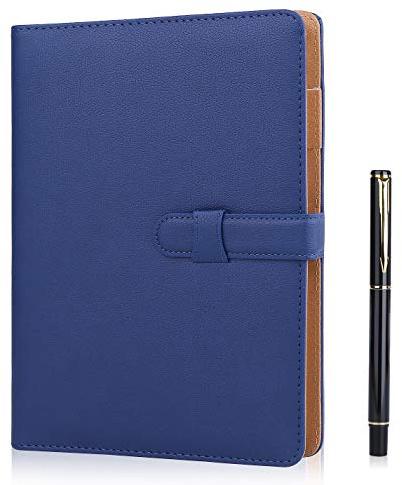 A5 Leder Notizbuch,Wiederbefüllbares Hardcover Notizbuch, 200 Seiten, Blau | Liniertes Notizbuch mit Tasche & Stifthalter, durchschlagsicheres 100gsm Papier für Männer, Frauen, Schule, Business, Büro