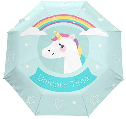 Regenbogen Einhorn Regenschirm Taschenschirm Auf-Zu Automatik Schirme Winddicht Leicht Kompakt UV-Schutz Reise Schirm für Jungen Mädchen Strand Frauen