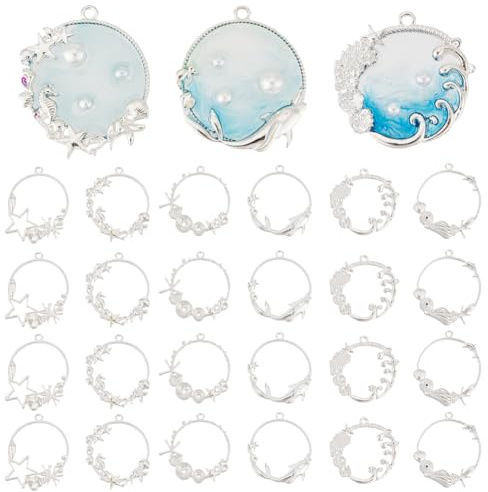 OLYCRAFT 24 biseles de resina con temática de mar, 6 estilos de plata con marco abierto, colgantes de aleación con temática de verano, marcos de resina hueca con lazo para aretes, collares, pulseras