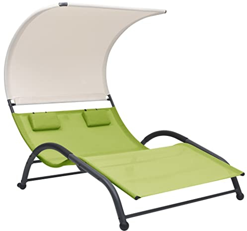 vidaXL Doppel Sonnenliege mit Sonnendach Doppelliege Gartenliege Liege Relaxliege Gartenmöbel Strandliege Freizeitliege Textilene Grün
