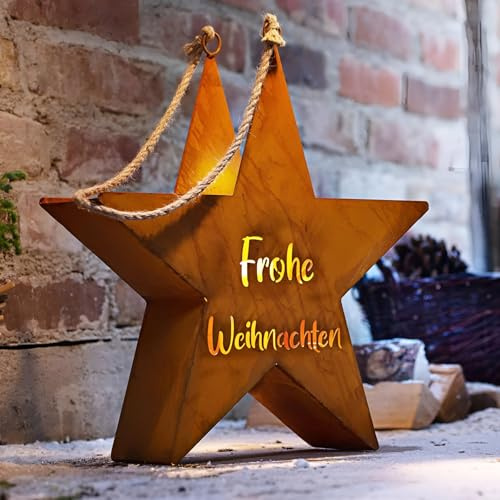 Outdoor Kerzenhalter Stern mit Schriftzug Frohe Weihnachten aus Metall mit Rost Finish, 45 cm hoch, Kerzenständer, Weihnachtsdeko, Gartendeko