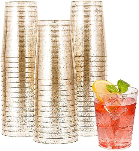 KAHEIGN 50 Pièces Paillettes D'or Tasses en Plastique, 300ml Verres à Vin Ronds Tasses à Dessert Transparentes Coupe Apéritif Parfait Gobelets Réutilisables Pour Whisky Mariage Fête (7,5 x 9,5 cm)