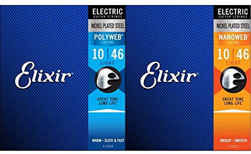 Cuerdas para guitarra eléctrica Elixir Strings con recubrimiento POLYWEB, calibre ligero (.010-.046) & Cuerdas para guitarra eléctrica Strings con recubrimiento OPTIWEB, calibre ligero (.010-.046)