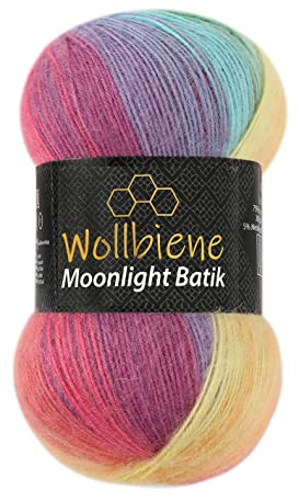 Wollbiene Moonlight Batik 100g Strickwolle zum Stricken und Häkeln - 20% Wolle, Türkische Farbverlaufswolle (3000-Regenbogen Pastell)