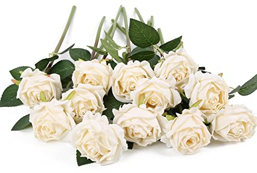 IPOPU Weiße Rosen, künstliche Blumen, 12 Stück, Vintage-Trockenblumen, künstliche Rosen, Seidenblumen mit einem Stiel, weiße künstliche Rosen, Wandblumen, Dekorationen (gebrochenes Weiß)