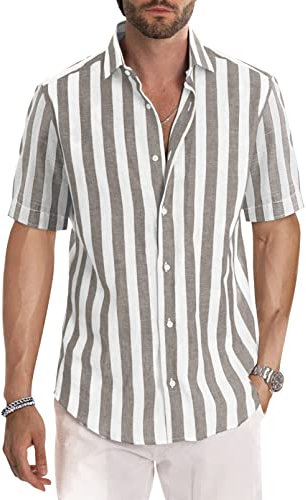 Meilicloth Men's Short Sleeve Shirts Summer Striped Casual Shirt Button Down Regular Fit Tops, Top for Long Lasting Comfort Brown