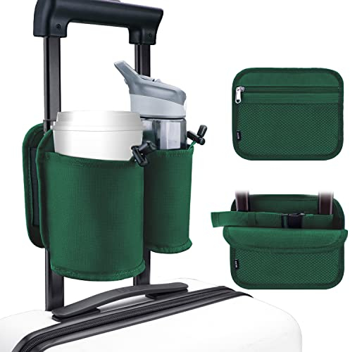WALNEW Luggage Travel Cup Holder, Hands-free Drink Caddy Attachment Drinks Carrier for Drink Beverages Coffee Mugs fits Roll on Suitcase Handles Travel Accessories Green