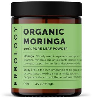 Erbology Organic Moringa Leaf Powder 90g - 45 Servings - Immunity Support - Rich in Calcium and Iron - Sustainably Sourced Straight from Farm in India - Small Batch - Vegan - GMO-Free