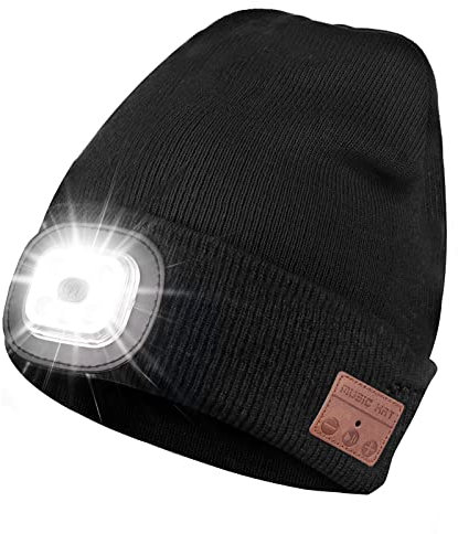 Puersit Bluetooth Mütze mit LED Licht Männer, Unisex Mütze mit Musik mit Kopfhörer & Lautsprechern LED Mütze zum Camping Laufen Wandern, Weihnachten Gadget Geschenk für Männer Frauen