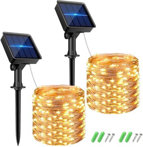 kolpop Solar Lichterkette Aussen, 2 Stück LED Lichterkette Außen Solar Lichterkette Wasserdicht KupferDraht Solar Weihnachtsbeleuchtung Außen 8 Modi Deko für Garten Balkon Party Hochzeit Warmweiß