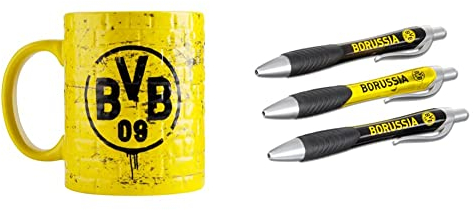 Borussia Dortmund, BVB-Tasse Gelbe Wand, Gelb, 1 Stück (1er Pack) & BVB-Kugelschreiber (3er-Set)