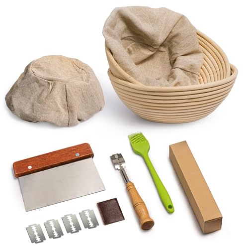 Rorecay Banneton Bread Proofing Baskets Set of 2, 9 Inch Round Cane Sourdough Bread Rising Basket Bowls with Sourdough Bread Making Tools Baking Supplies for Sour Dough Proofing Fermentation