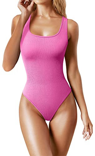 Carolilly Body et Combinaison Femme Sans Manches Col Carré Jumpsuit Justaucorps Côtelé Slim Casual (Rose, M)