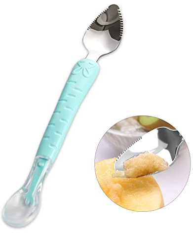 Cuchara Bebe Silicona, Witbicg Cucharas Bebe 6 Meses Arriba Alimentación Complementaria Sin Bpa Raspar Fruta Se Adapta a La Boca Del Bebé Apto Para Microondas, Lavavajillas y Congelador (Azul)
