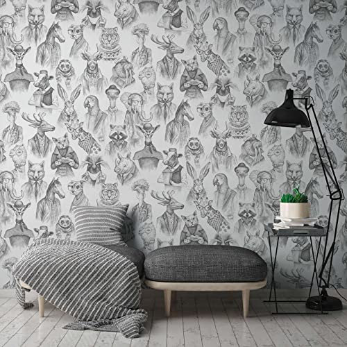 New Walls Tier Tapete mit verschiedenen Figuren in schwarz-weiß Wohnzimmer Schlafzimmer – 1,59 x 2,80 m