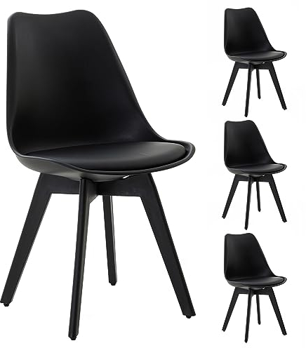 IDIMEX Esszimmerstuhl Rouen schwarz/schwarz aus Kunststoff und Sitzkissen aus Kunstleder, Stuhl Scandi Look aus Plastik mit Kissen aus Lederimitat