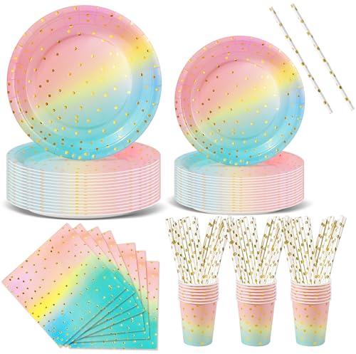 Nkaiso 120 Piezas Arcoiris Oro Vajilla Fiesta Cumpleaños, Platos y Vaso Cumpleaños Infantil, Juego de vajilla Fiestas Platos Desechable Servilletas para Party Decoración Baby Shower -24 Invitado
