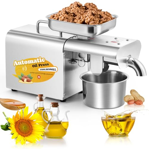 CGOLDENWALL 1000W Pressa per Olio Acciaio Inossidabile Casa Macchina di Freddo/Caldo Estrazione di Olio per Arachidi Sesamo Noci Semi di Girasole, Automatico Riscaldamento Termostatico 220V