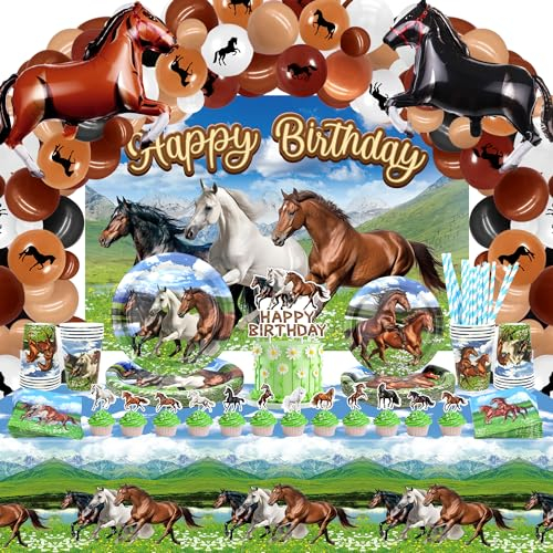 Pferde-Geburtstagsparty-Dekoration – Pferde-Partygeschenke, Teller, Tassen, Servietten, Tischdecken, alles Gute zum Geburtstag, Hintergrund, Luftballons, Tortenbogen, zum Thema Pferderennen (L)