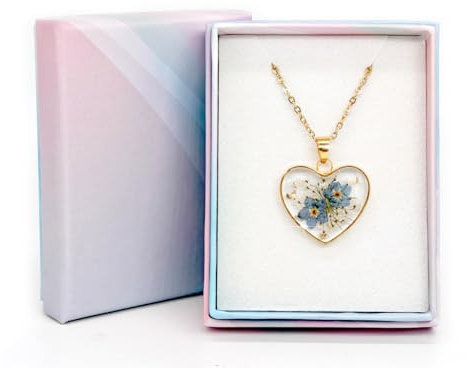 Lhbwhiz Vergissmeinnicht Halskette,Personalisierte handgefertigte Echte Blume Herzförmig Drop Dangle Halsketten,Damen Idee Lace Blumen Schmuck Geschenk,Abschiedsgeschenk(Gold)