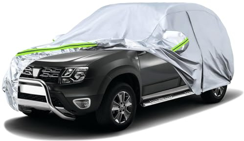 Autoabdeckung Passend für Dacia Duster 2010-2026, Silber Vollgarage | Wasserdichte Autoplane mit Reißverschlusstür und Entlüften für Schnee, Regen, Allwetterschutz