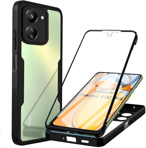 Coque Compatible avec Redmi 13C 4G Antichoc Housse pour Redmi 13C 4G Coque avec Protège-écran 360 Full Body Protection Etui Robuste Double Face Transparent TPU Case Coque pour Xiaomi Redmi 13C 4G,Noir