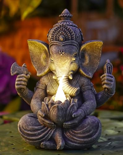 Yeomoo Ganesha Figur Buddha mit Solarlampen für Deko Wohnzimmer Schreibtisch Zubehör : Ganesha Zen Garten Buddha Figur Geschenke für männer Frauen Mama Wetterfest Zimmer Balkon Dekoration Grau 20CM