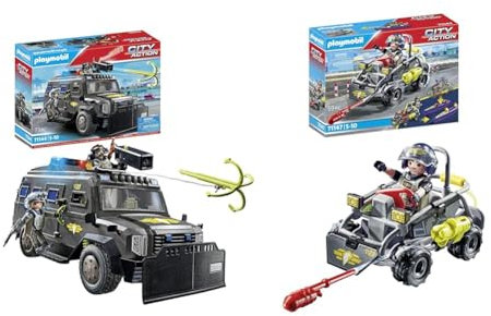 PLAYMOBIL City Action 71144 SWAT-Geländefahrzeug & City Action 71147 SWAT-Multi-Terrain-Quad, verwandelbares SEK Speedboot, Spielzeug für Kinder ab 5 Jahren