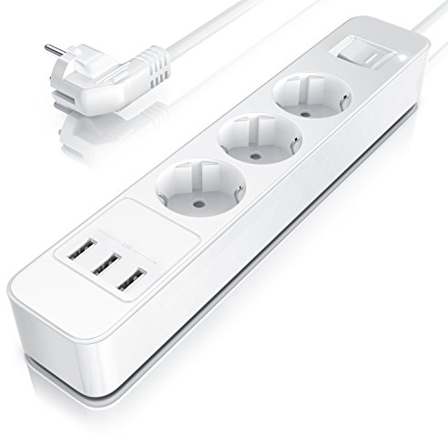 Steckdosenleiste 3-Fach, Mehrfachsteckdose mit 3 USB Ladeanschlüssen und Save Energy-Schalter zum Stromsparen, Kabel 1,5m, Mehrfachstecker für Home Office, weiß