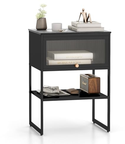 COSTWAY Bedside Table with Flip Up Door, Modern Nightstand Sofa Side Table with Open Storage Shelf, Metal Frame Bedside Cabinet Accent End Table for Living Room Bedroom (1, Black)