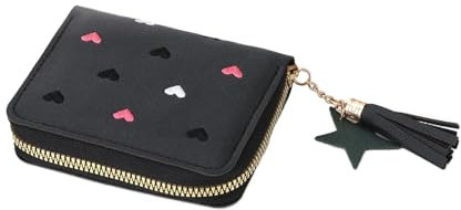 CLKE Porte Monnaie Fille en PU Cuir,Mini Porte Monnaie avec Pendentif,4 Emplacements Cartes,2 Sac à Monnaie,1 Poche à Fermeture Éclair,Moins de 10 Euros,Noir et Motif Coeur