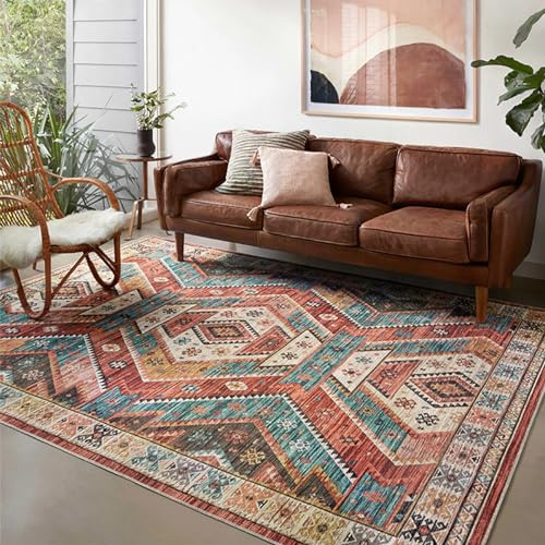Taidianolp Teppich Wohnzimmer Deko,Red,150 x 240 cm,Rot Orange Teal Blau Vintage Traditionelle Orientalische Muster
