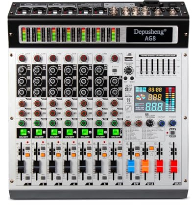 Depusheng AG8 Mezclador de audio profesional de 8 canales con reproductor de MP3, grabación USB, con 2 interfaces AUX, efecto 99 DSP adecuado para profesionales y principiantes