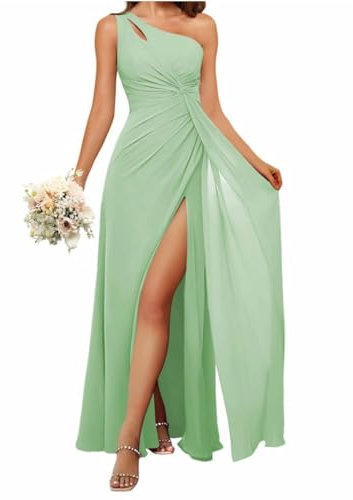 HPPEE Schulterfreies Brautjungfernkleid mit Schlitz, langes formelles Chiffon-Kleid für Damen, Staubiger Salbei, 54 Große Größen