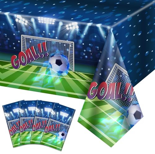Fußball-Tischdecken, Fußball-Party-Tischdecken, Einweg-Tischdecke, Fußball-Party-Dekorationen für Männer und Jungen, Geburtstag, Fußballspieltag, Fußball-Partyzubehör, 130 x 220 cm, 4 Stück