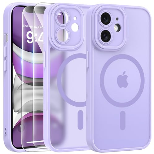 FLLAO Cover Magnetica per iPhone 11 Custodia e 2 Pellicole in Vetro Temperato, Cover iPhone 11 Compatibile con Magsafe, Traslucida Opaca Posteriore Sottile Antiurto Protettiva Case, Viola